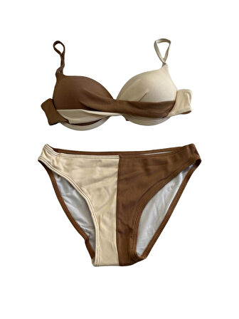 Kadın Kahverengi Krem Renk Bloklu Astarlı Bikini Takımı HZL25S-LC214