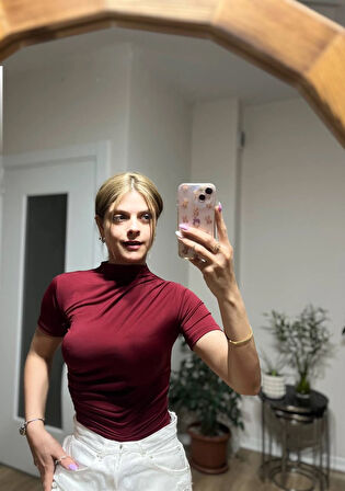 Kadın Bordo Büzgü Detay Yarım Kol Sandy Bluz HZL25S-FRY121741