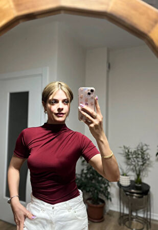 Kadın Bordo Büzgü Detay Yarım Kol Sandy Bluz HZL25S-FRY121741