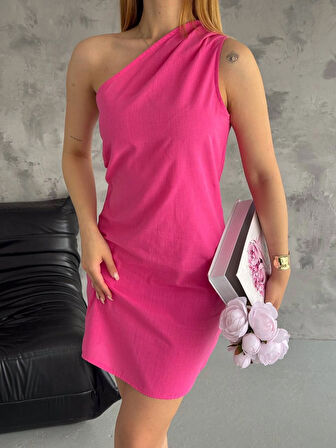 Kadın Pembe Tek Omuz Mini Elbise HZL25S-FRY121791