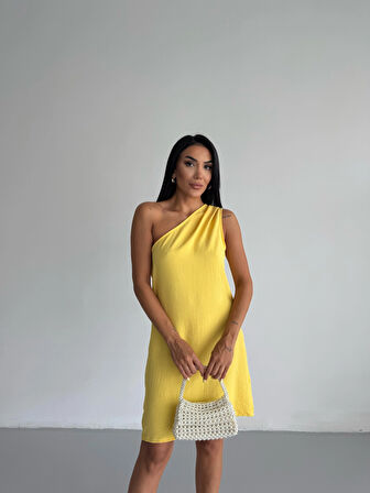 Kadın Sarı Tek Omuz Mini Elbise HZL25S-FRY121791