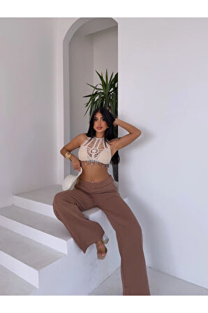 Kadın Camel Beli Lastikli Müslin Kumaş Bol Paça Pantolon HZL25S-DSB12221