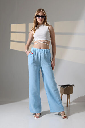 Kadın Mavi Beli Lastikli Müslin Kumaş Bol Paça Pantolon HZL25S-DSB12221