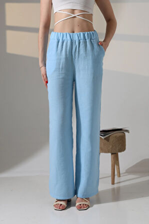 Kadın Mavi Beli Lastikli Müslin Kumaş Bol Paça Pantolon HZL25S-DSB12221