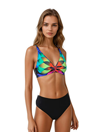 Kadın Siyah Çok Renkli Yüksel Bel Astarlı Bikini Takımı HZL25S-LC22315