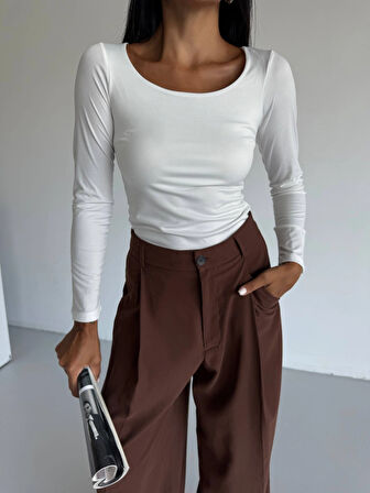 Kadın Beyaz U Yaka Uzun Kollu Sandy Bluz HZL25S-FRY122471