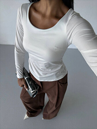 Kadın Beyaz U Yaka Uzun Kollu Sandy Bluz HZL25S-FRY122471