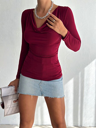 Kadın Bordo Degaje Yaka Yandan Büzgülü Uzun Kol Sandy Bluz HZL24W-FRY122481
