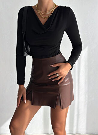 Kadın Siyah Degaje Yaka Yandan Büzgülü Uzun Kol Sandy Bluz HZL24W-FRY122481