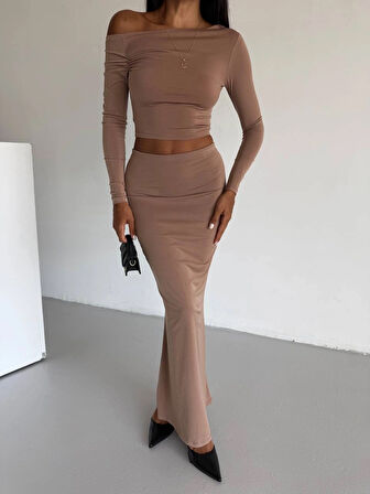 Kadın Bej Tek Omuz Drapeli Sandy Kumaş  İkili Takım HZL25W-FRY122511