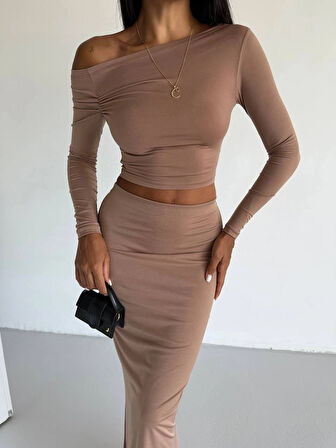 Kadın Bej Tek Omuz Drapeli Sandy Kumaş  İkili Takım HZL25W-FRY122511