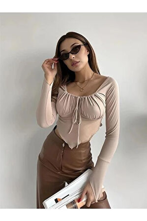Kadın Bej Asimetrik Kesim Önü Bağlamalı Crop Tül Bluz HZL24S-ZK12281