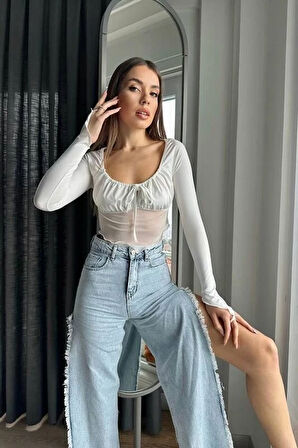Kadın Beyaz Asimetrik Kesim Önü Bağlamalı Crop Tül Bluz HZL24S-ZK12281