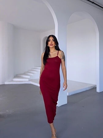 Kadın Bordo Ayarlanabilir Askılı Midi Boy Elbise HZL25S-FRY122921