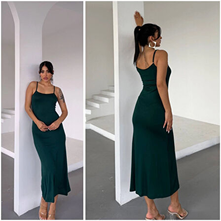 Kadın Zümrüt Yeşil Ayarlanabilir Askılı Midi Boy Elbise HZL25S-FRY122921