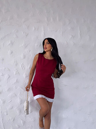 Kadın Bordo Beyaz Pileli İthal Dooble Kumaş Kolsuz Mini Elbise HZL25S-FRY122961