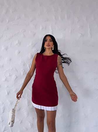 Kadın Bordo Beyaz Pileli İthal Dooble Kumaş Kolsuz Mini Elbise HZL25S-FRY122961