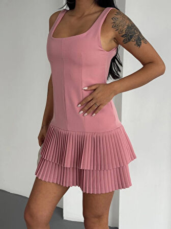 Kadın Pembe Pileli Şortlu Mini Elbise HZL25S-FRY122991