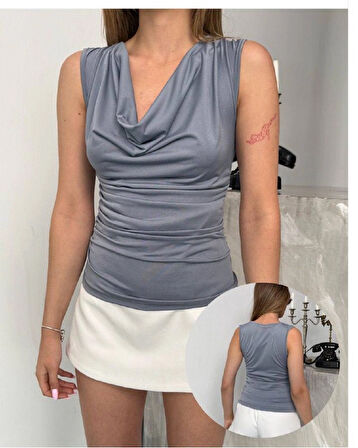 Kadın Gri Degaje Yaka Yanlardan Drapeli Sandy Bluz HZL25S-FRY123131