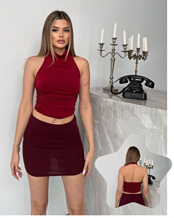 Kadın Bordo Halter Yaka Sırtı Açık Sandy Bluz HZL25S-FRY123141