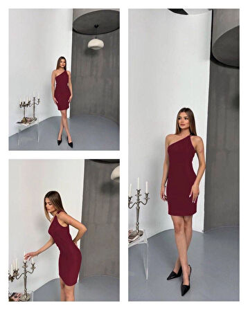 Kadın Bordo Ottoman Kumaş Tek Omuz Toka Detaylı Elbise HZL25S-FRY123151