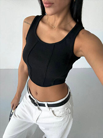 Kadın Siyah Fitilli Kaşkorse Crop Bluz HZL25S-FRY123171
