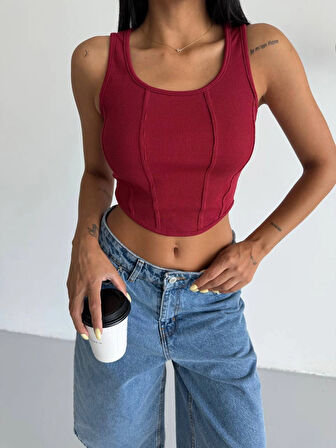 Kadın Bordo Fitilli Kaşkorse Crop Bluz HZL25S-FRY123171