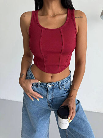 Kadın Bordo Fitilli Kaşkorse Crop Bluz HZL25S-FRY123171