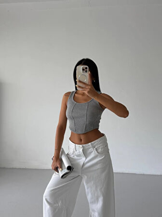 Kadın Gri Fitilli Kaşkorse Crop Bluz HZL25S-FRY123171