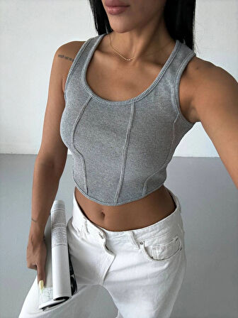 Kadın Gri Fitilli Kaşkorse Crop Bluz HZL25S-FRY123171