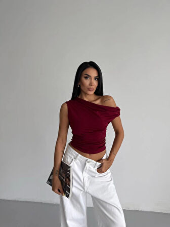 Kadın Bordo Yandan Drapeli Kayık Yaka Sandy Bluz HZL25S-FRY123201