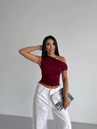 Kadın Bordo Yandan Drapeli Kayık Yaka Sandy Bluz HZL25S-FRY123201