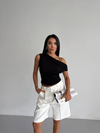 Kadın Siyah Yandan Drapeli Kayık Yaka Sandy Bluz HZL25S-FRY123201