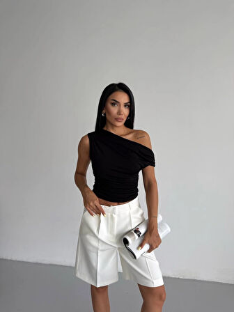 Kadın Siyah Yandan Drapeli Kayık Yaka Sandy Bluz HZL25S-FRY123201