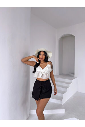 Kadın Siyah Bağlama Detay Müslin Şort HZL25S-DSB2323