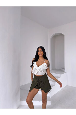 Kadın Haki Bağlama Detay Müslin Şort HZL25S-DSB2323