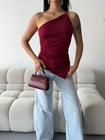 Kadın Bordo Tek Omuz Asimetrik Kesim Sandy Bluz HZL25S-FRY123241