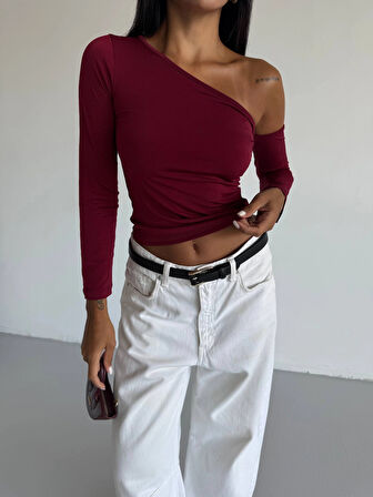 Kadın Bordo Asimetrik Yaka Drapeli Sandy Bluz HZL25S-FRY123361