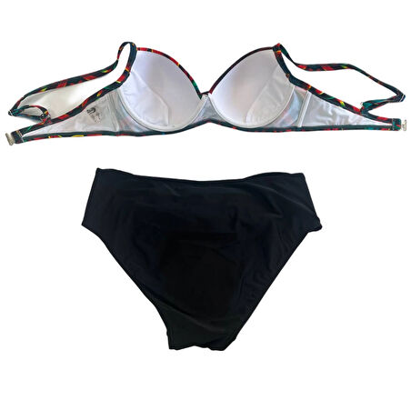 Kadın Siyah Kırmızı Çiçek Desenli Astarlı Büyük Beden Bikini Takımı HZL25S-LC24108