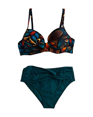 Kadın Petrol Yeşili Çiçek Desenli Astarlı Büyük Beden Bikini Takımı HZL25S-LC24108