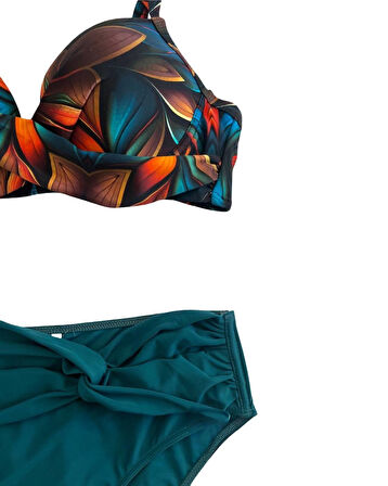 Kadın Petrol Yeşili Çiçek Desenli Astarlı Büyük Beden Bikini Takımı HZL25S-LC24108