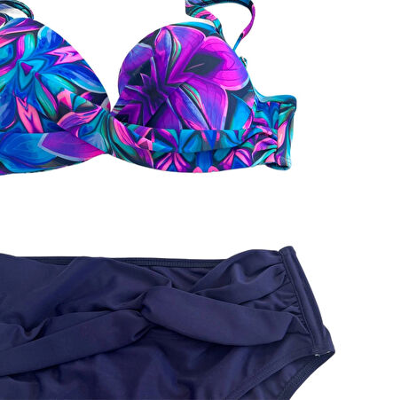 Kadın Lacivert Fuşya Çiçek Desenli Astarlı Büyük Beden Bikini Takımı HZL25S-LC24108