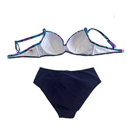 Kadın Lacivert Fuşya Çiçek Desenli Astarlı Büyük Beden Bikini Takımı HZL25S-LC24108