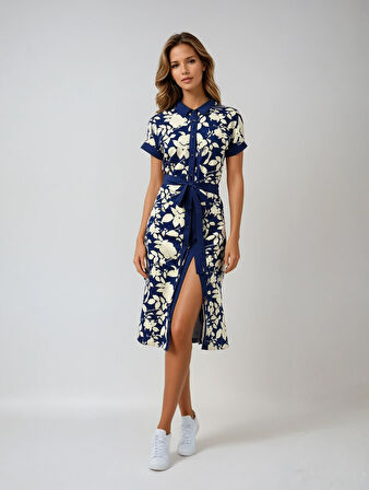 Kadın Lacivert Krem Kuşaklı Çiçek Desenli Düğmeli Yazlık Viskon Elbise HZL24S-BD124551