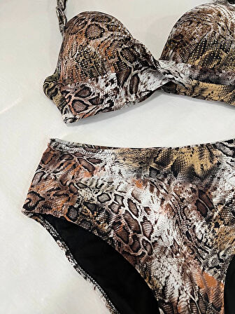 Kadın Kahverengi Leopar Desenli Astarlı Büyük Beden Bikini Takımı HZL25S-LC25006