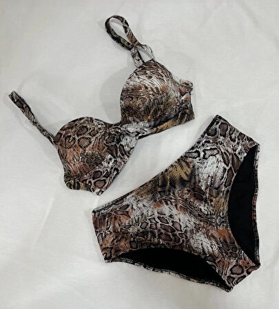 Kadın Kahverengi Leopar Desenli Astarlı Büyük Beden Bikini Takımı HZL25S-LC25006
