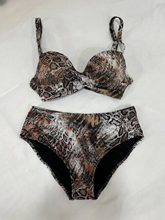 Kadın Kahverengi Leopar Desenli Astarlı Büyük Beden Bikini Takımı HZL25S-LC25006