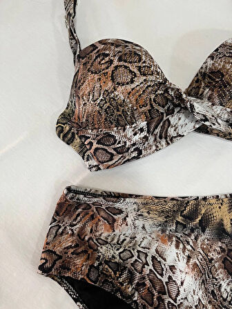 Kadın Kahverengi Leopar Desenli Astarlı Büyük Beden Bikini Takımı HZL25S-LC25006