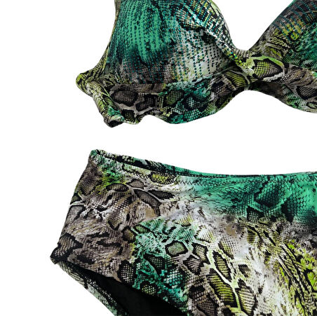 Kadın Yeşil Leopar Desenli Astarlı Büyük Beden Bikini Takımı HZL25S-LC25006
