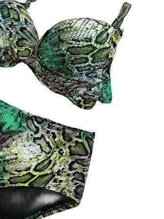 Kadın Yeşil Leopar Desenli Astarlı Büyük Beden Bikini Takımı HZL25S-LC25006